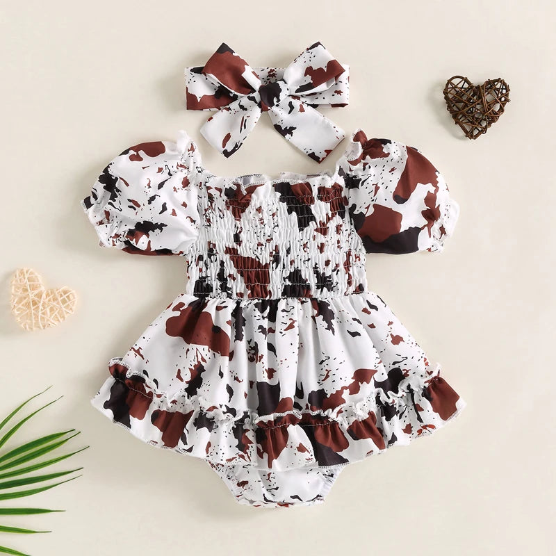 FOCUSNORM Toddler Girls Cow Print Off-Shoulder Romper Dress Set with Headband