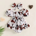 FOCUSNORM Toddler Girls Cow Print Off-Shoulder Romper Dress Set with Headband