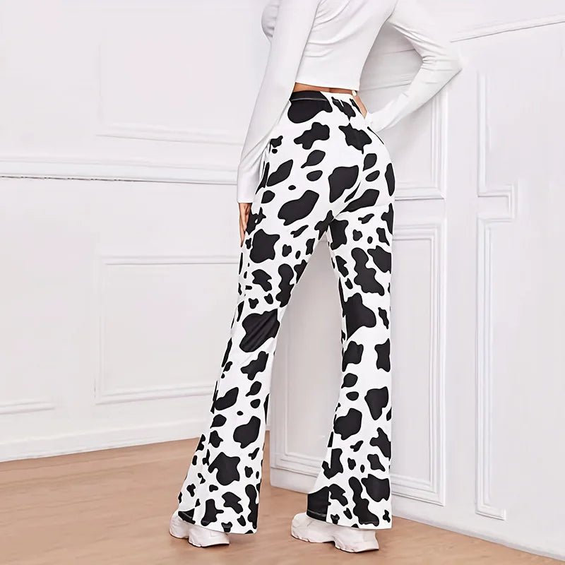 Cow Print Bell Bottom Pants - High-Waist Elastic Flare Leggings