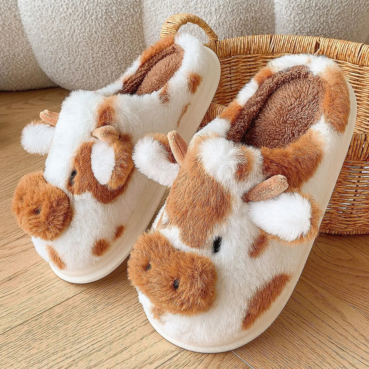 • Cute Cow Plush Slippers for Women – Fluffy Platform House Shoes & Winter Footwear