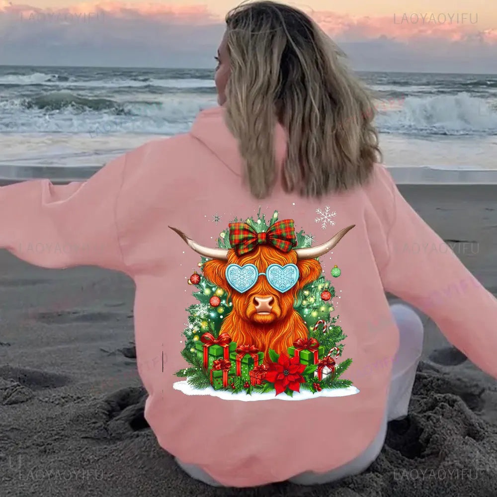 • : Highland Cow Print Hoodie for Women – Alphabet & Animal Pattern Sweatshirt with Pocket