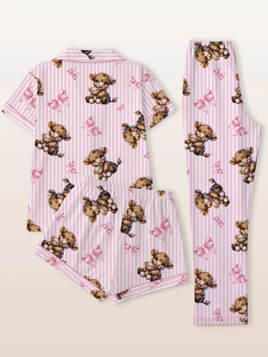 Cute Highland Cow Pajama Set - 3-Piece Notch Lapel Loungewear