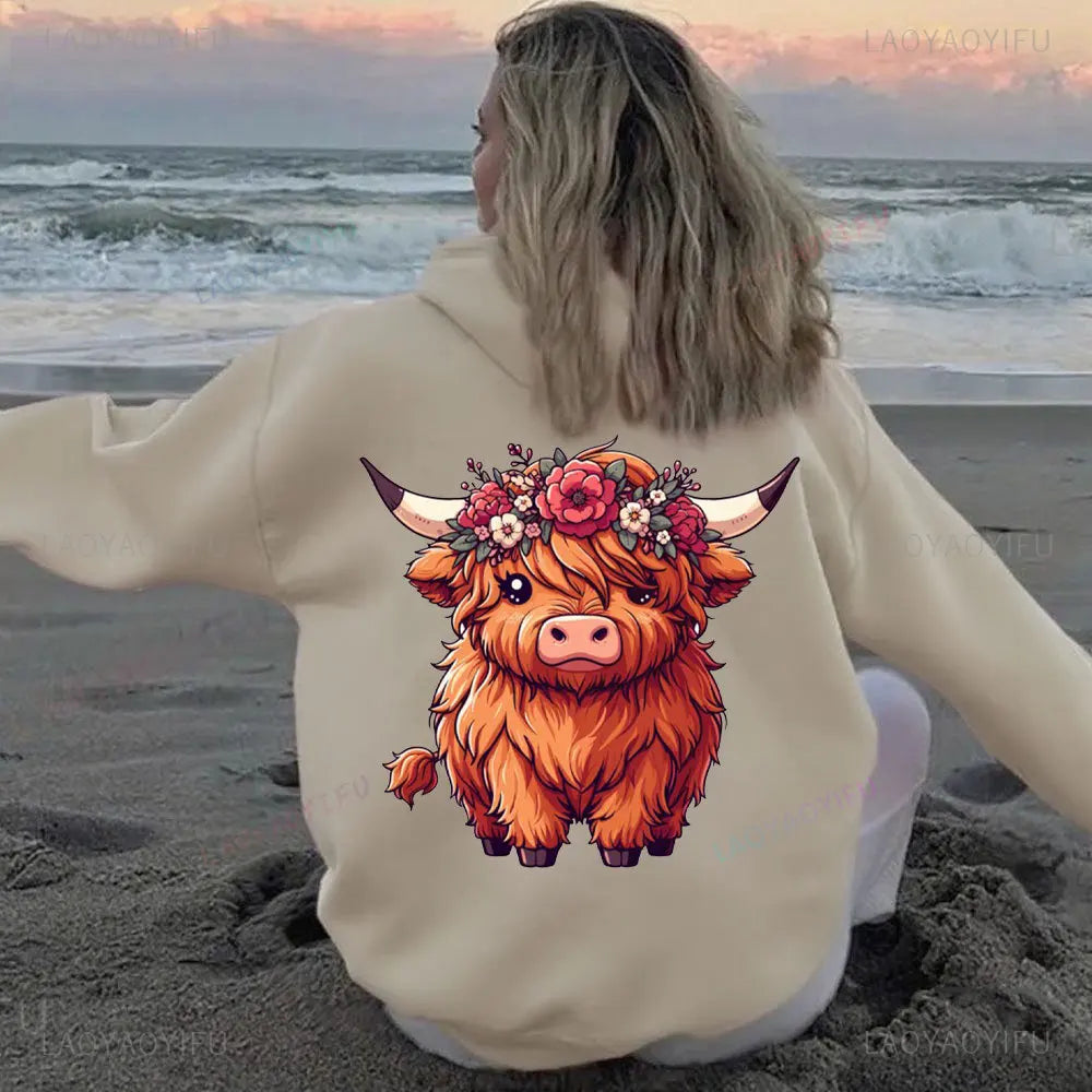 • : Highland Cow Print Hoodie for Women – Alphabet & Animal Pattern Sweatshirt with Pocket