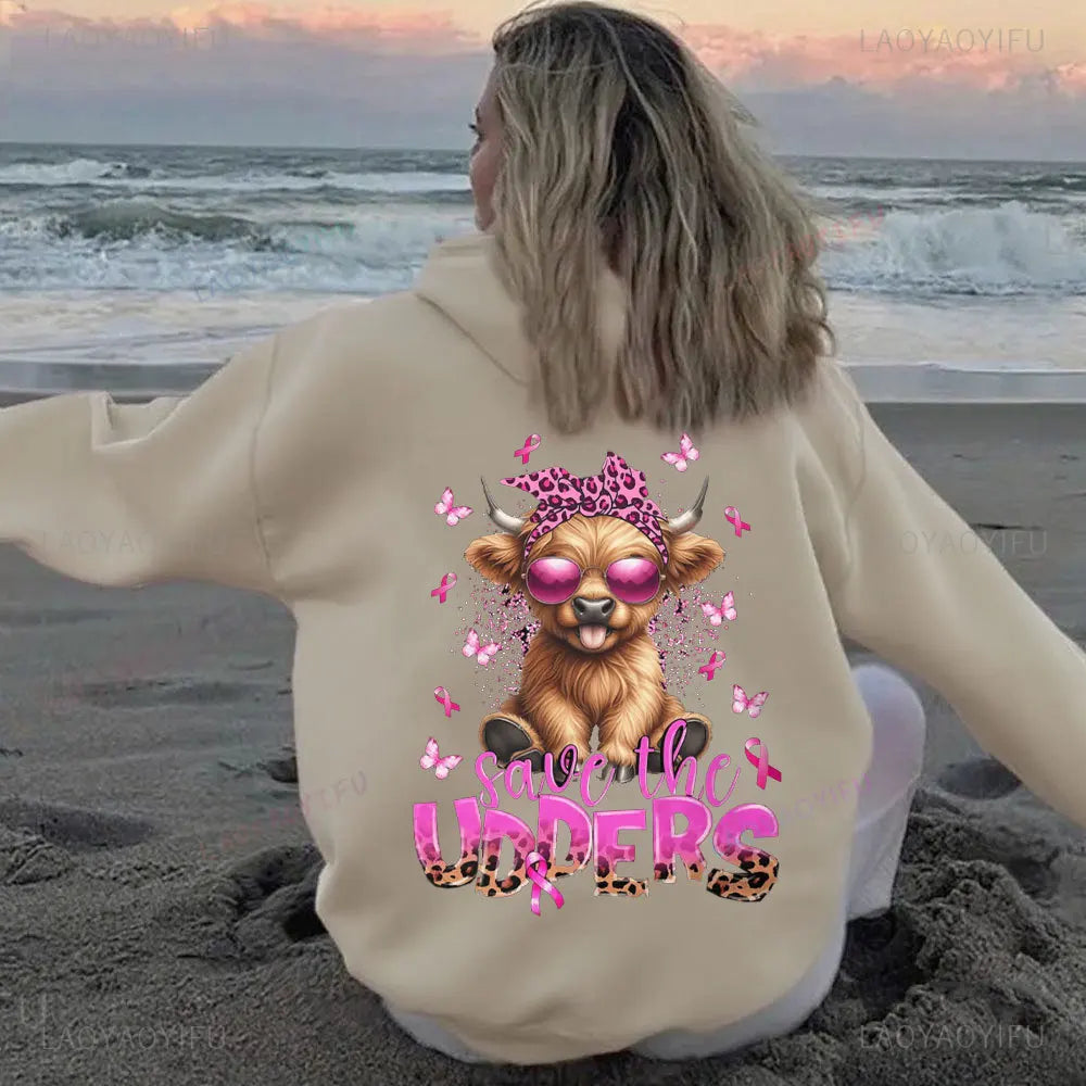 • : Highland Cow Print Hoodie for Women – Alphabet & Animal Pattern Sweatshirt with Pocket