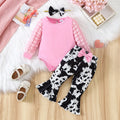 Baby Girl Pink Waffle Bodysuit & Cow Print Flare Pants Set