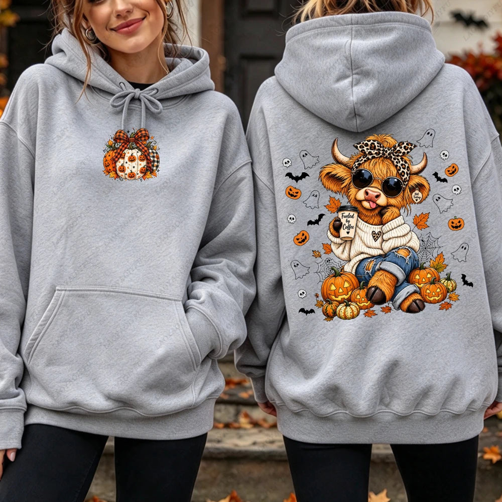 Highland Cow Pumpkin Coffee Hoodie - Cute Fall Pullover