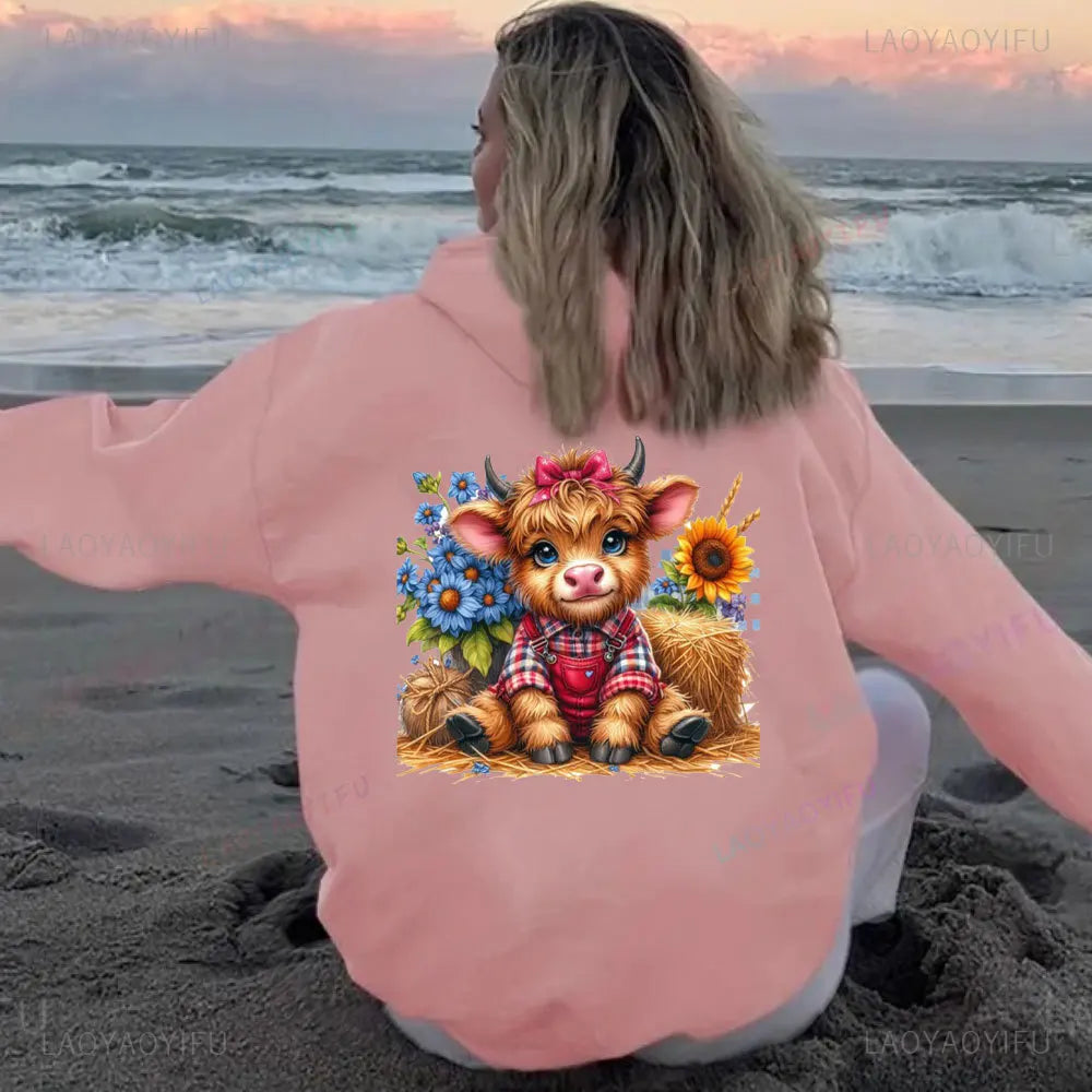 • : Highland Cow Print Hoodie for Women – Alphabet & Animal Pattern Sweatshirt with Pocket
