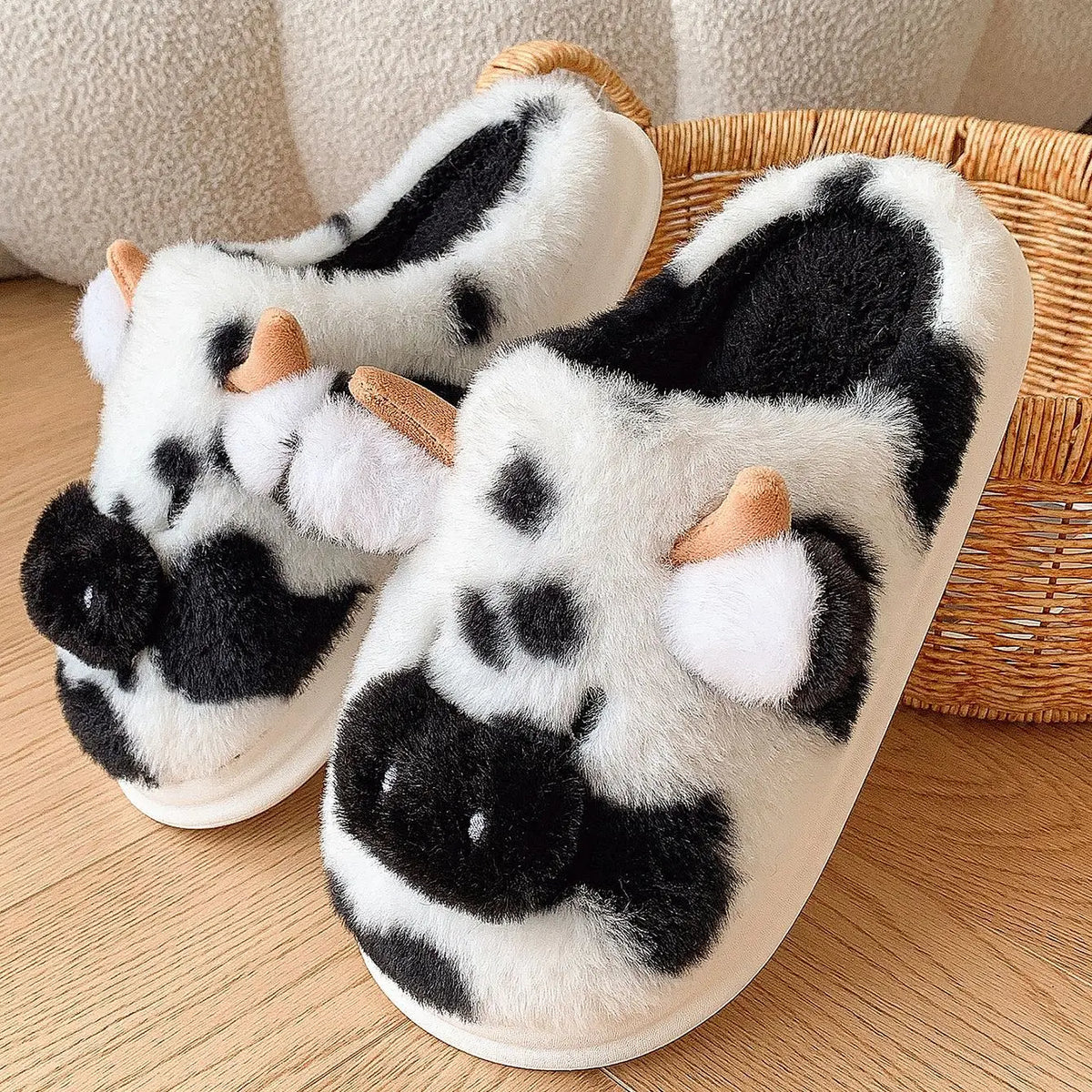• Cute Cow Plush Slippers for Women – Fluffy Platform House Shoes & Winter Footwear