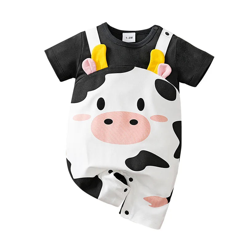Unisex Baby Cow Horn Print Suspender Romper (0-18M)