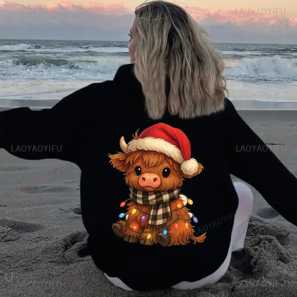 • : Highland Cow Print Hoodie for Women – Alphabet & Animal Pattern Sweatshirt with Pocket