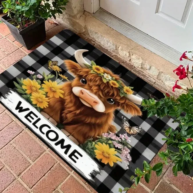 Enchanting Highland Cow Floral Welcome Mat