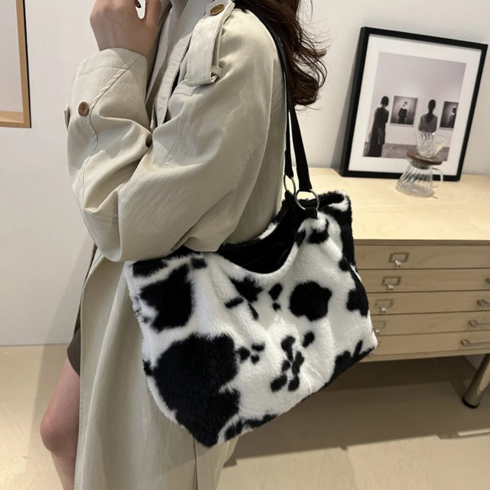 Plush Cow Print Large Capacity Tote Bag | Winter Travel Shoulder Bag