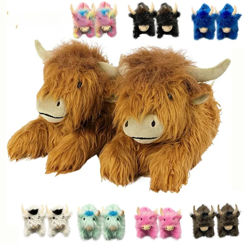 Fluffy Highland Cow Slippers - Warm Indoor Plush Slides