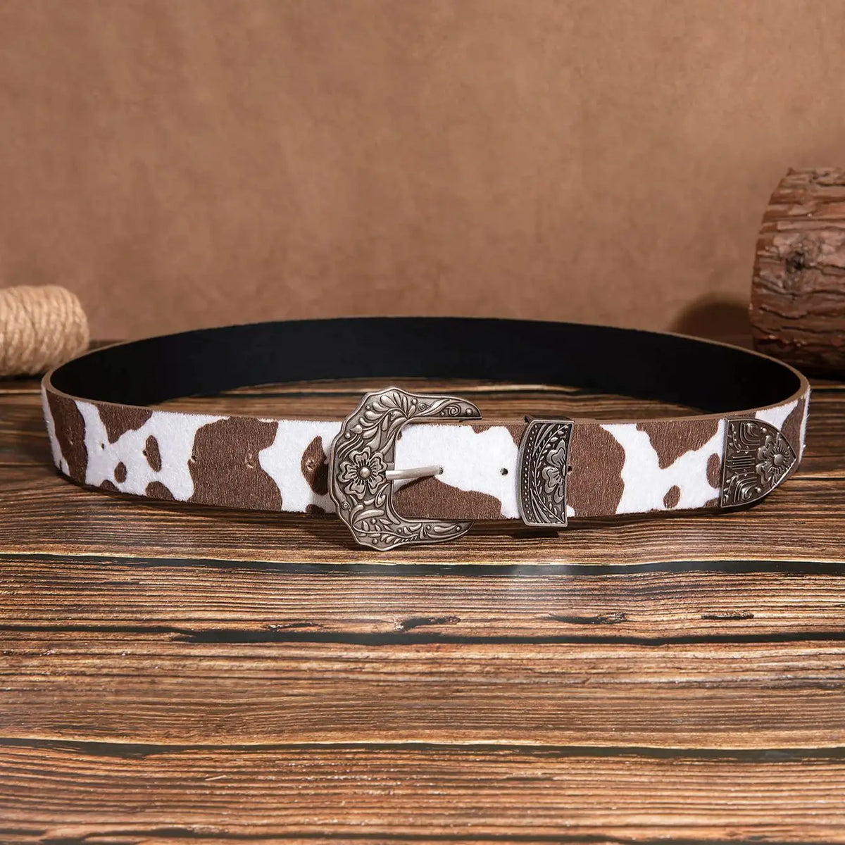 Vintage Floral Western Cowgirl Belt with Cow Buckle in Brown Cow Print
