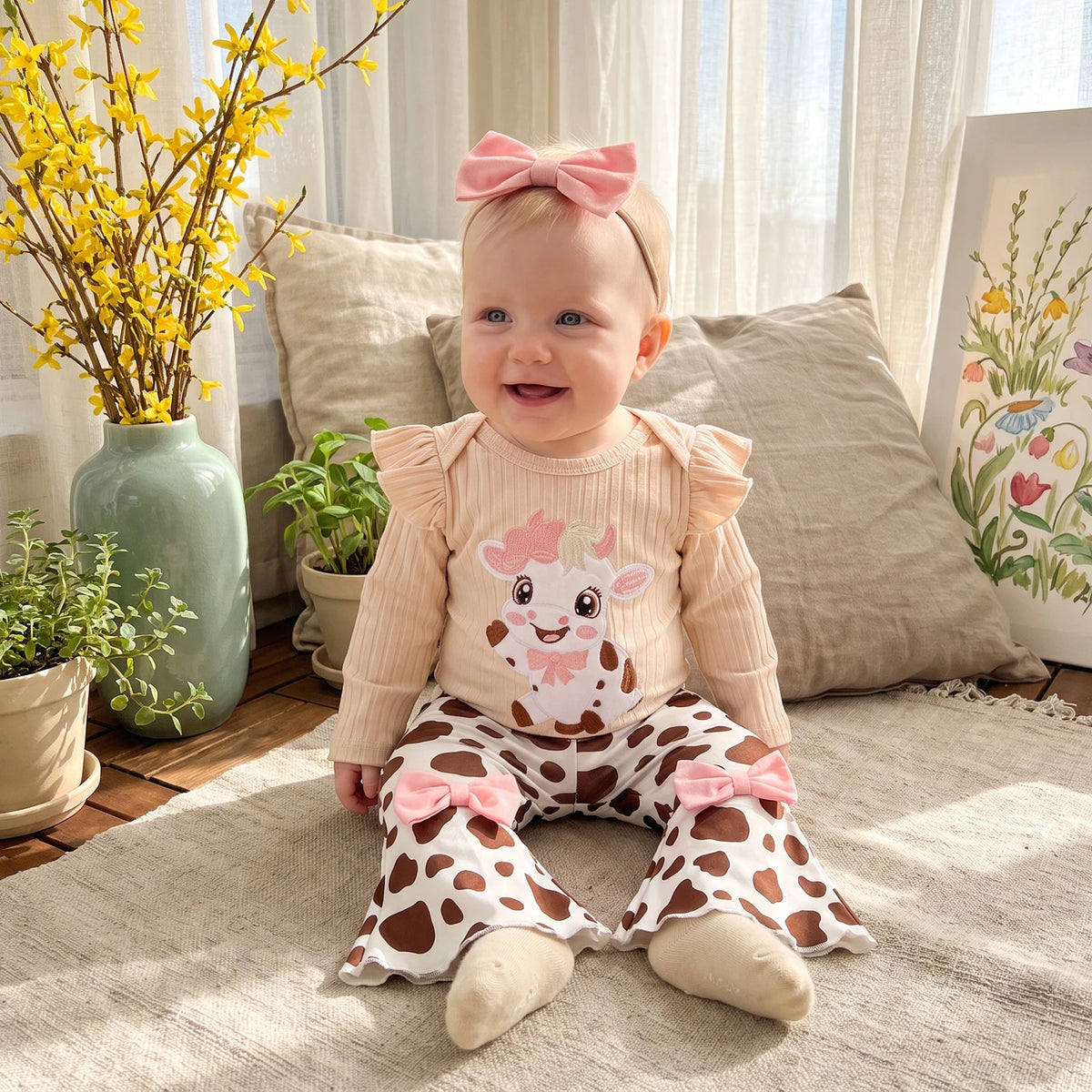 Baby Girls Western 3-Piece Outfit | Cow Embroidered Romper, Flare Pants & Headband Set