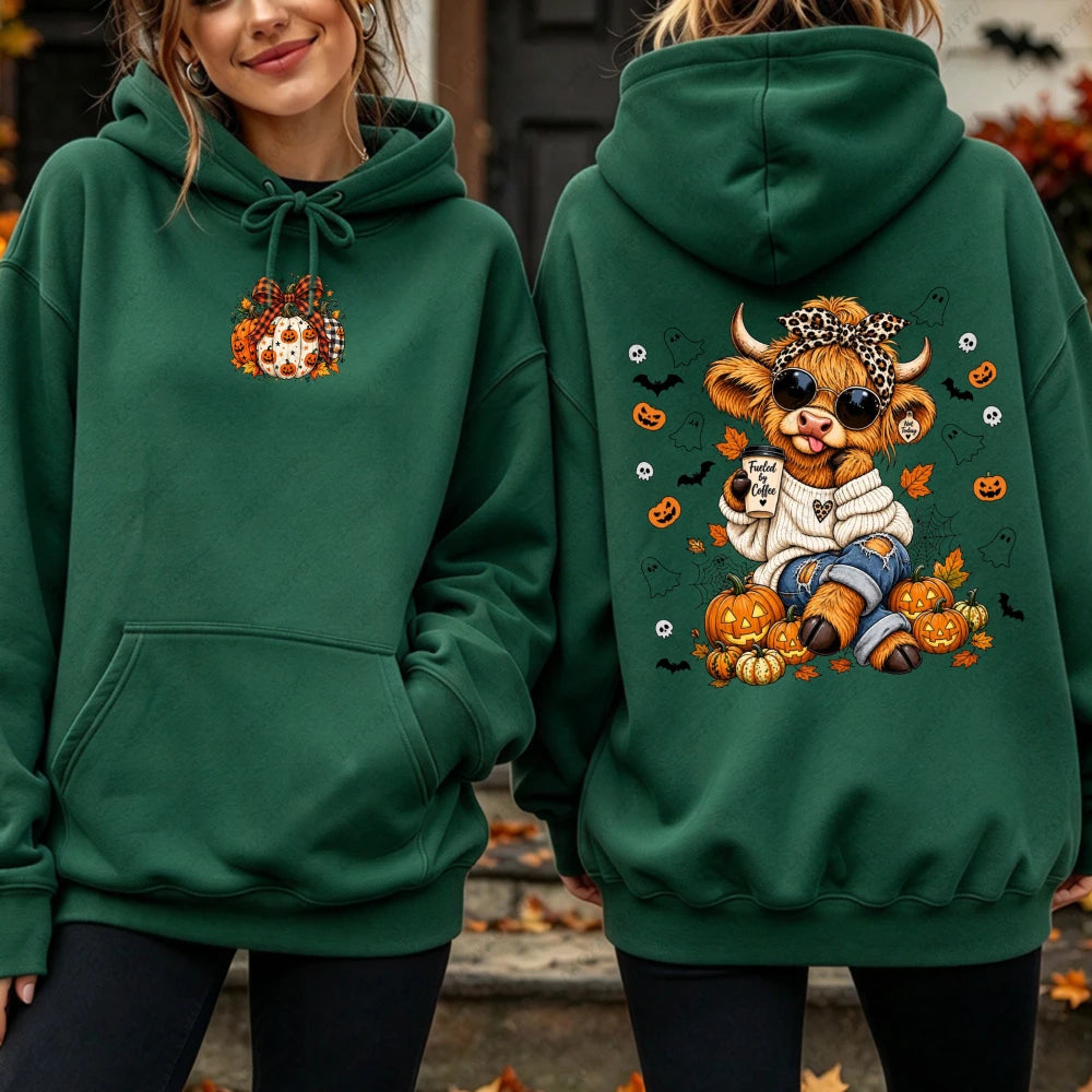 Highland Cow Pumpkin Coffee Hoodie - Cute Fall Pullover
