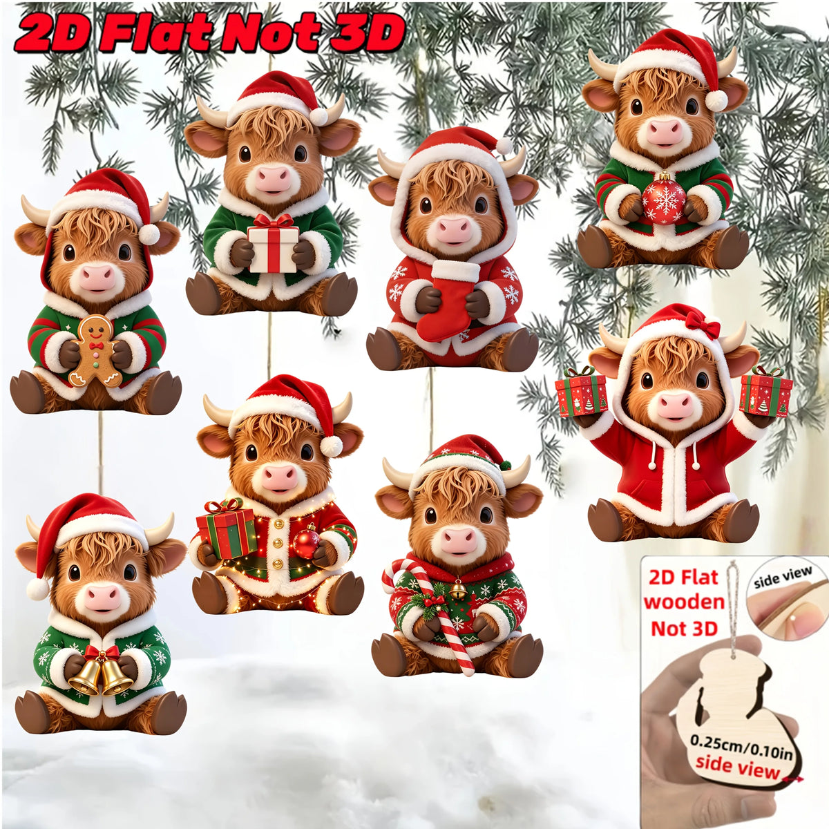 Hand-Painted Highland Cow Wooden Ornaments (8-Piece Set)