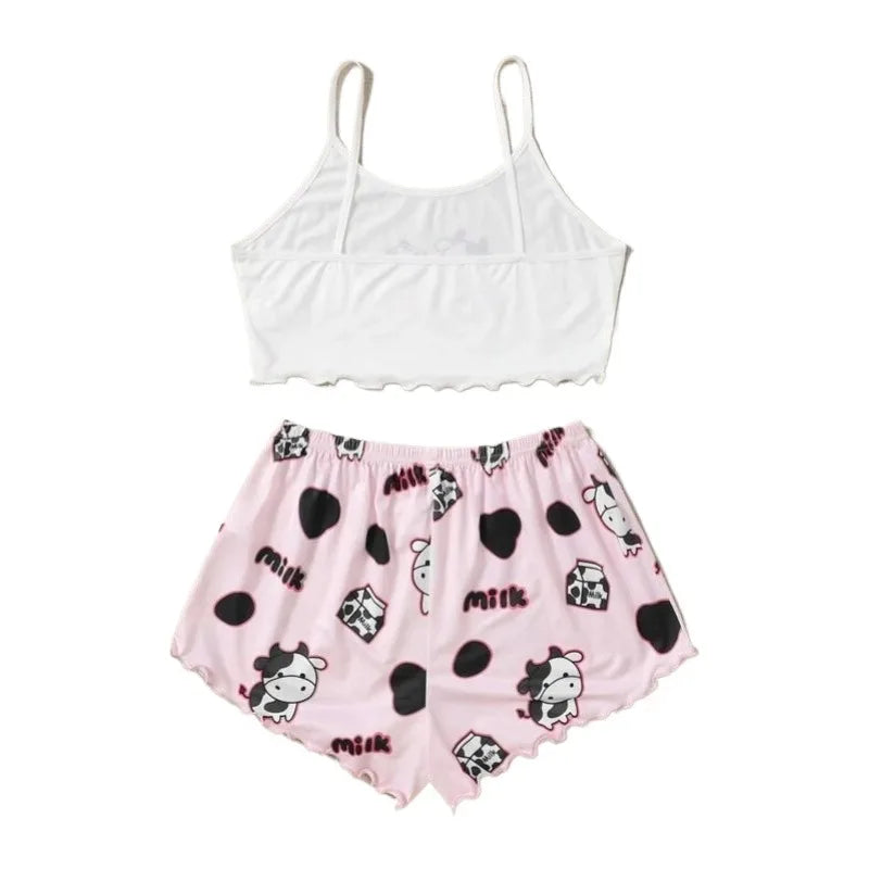 Cute Cow Print Pajama Set - Sleeveless Top & Shorts Loungewear
