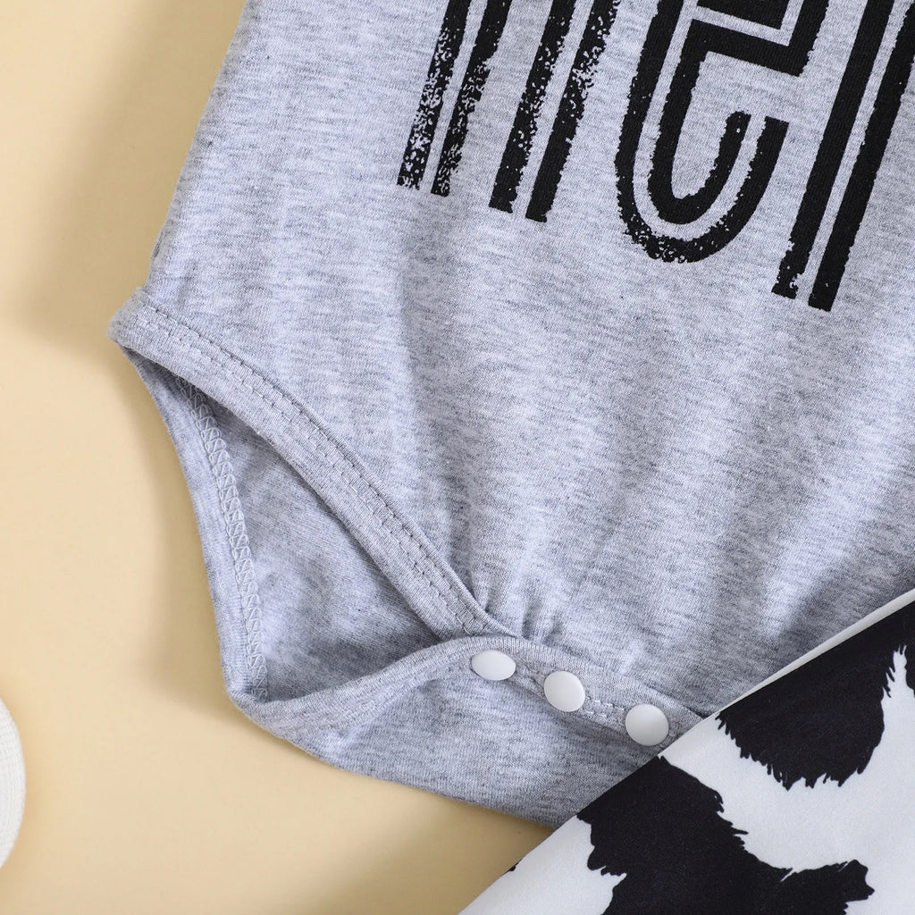 Unisex Baby Cow Print Romper, Pants & Hat 3-Piece Outfit (0-12M)