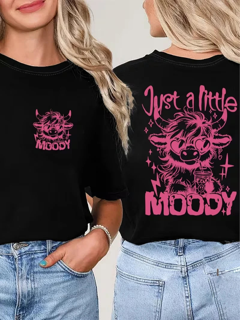 •  Highland Cow Print T-Shirt – Funny Double-Sided Sarcastic Graphic Tee for Women