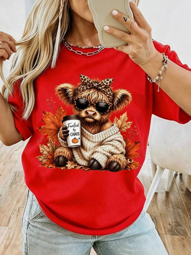 • Highland Cow Print T-Shirt – Women's Vintage Crew Neck Comfort Casual Top