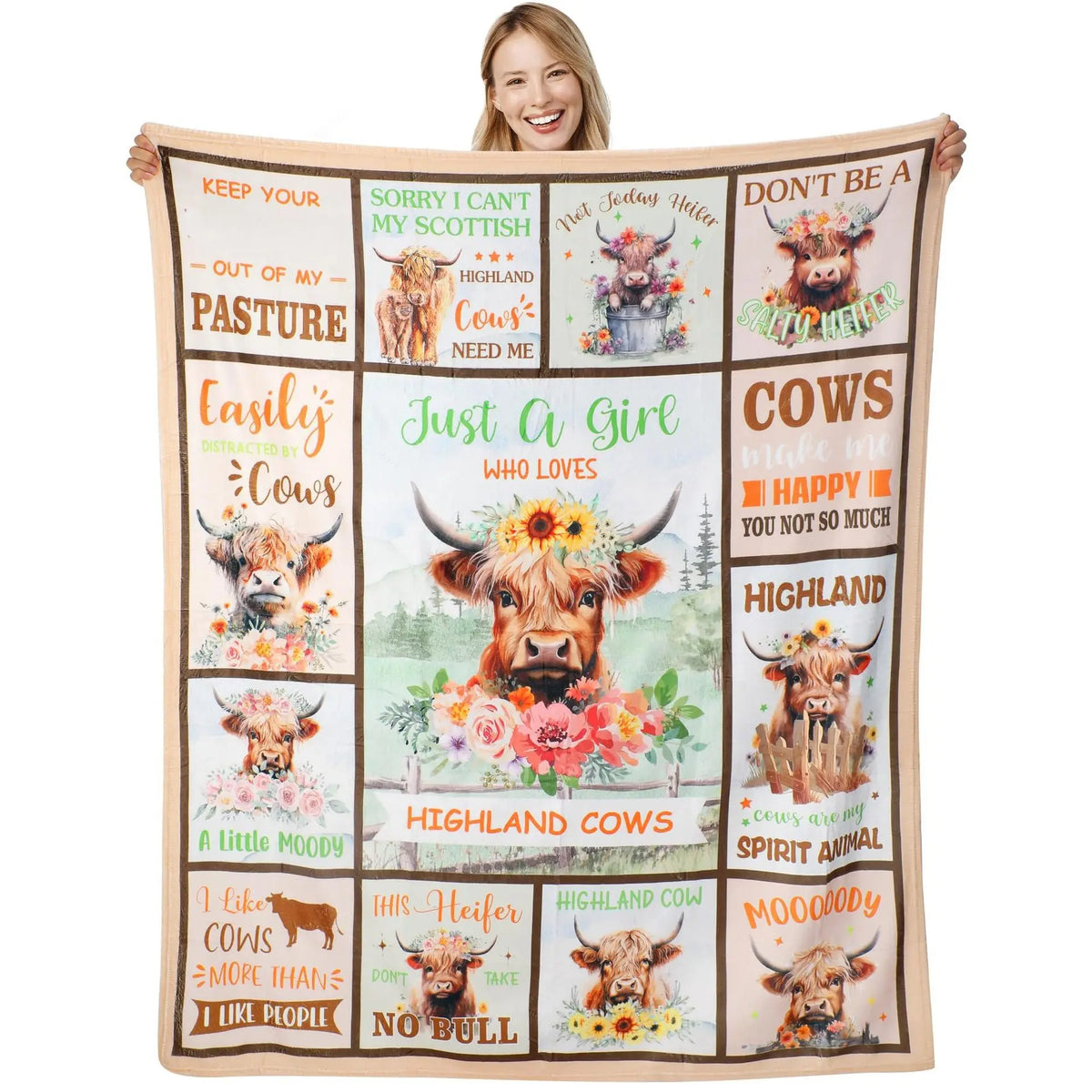Highland Cow & Brown Floral Cozy Flannel Blanket | Farmhouse Throw