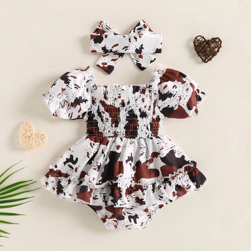 FOCUSNORM Toddler Girls Cow Print Off-Shoulder Romper Dress Set with Headband