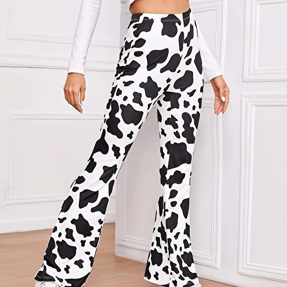 Cow Print Bell Bottom Pants - High-Waist Elastic Flare Leggings