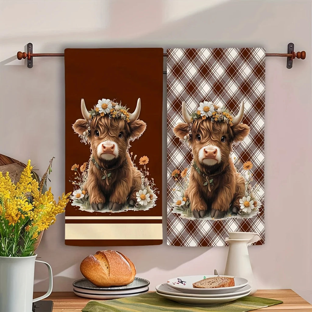 Highland Cow Brown Plaid Kitchen Towels (2-Piece Set)