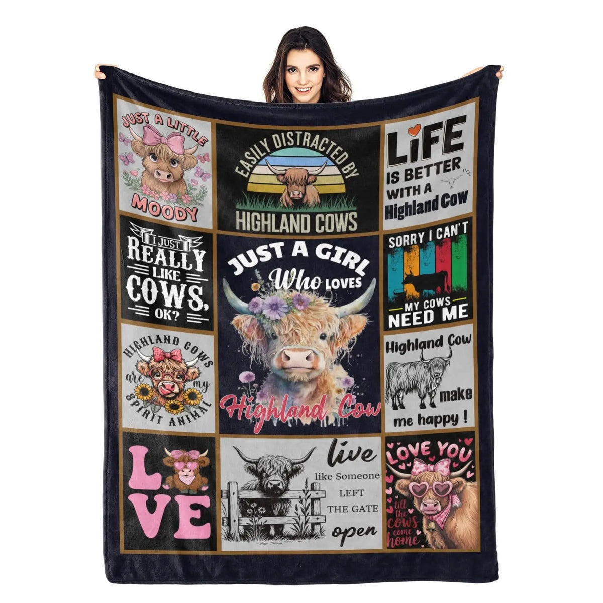 Highland Cow & Brown Floral Cozy Flannel Blanket | Farmhouse Throw