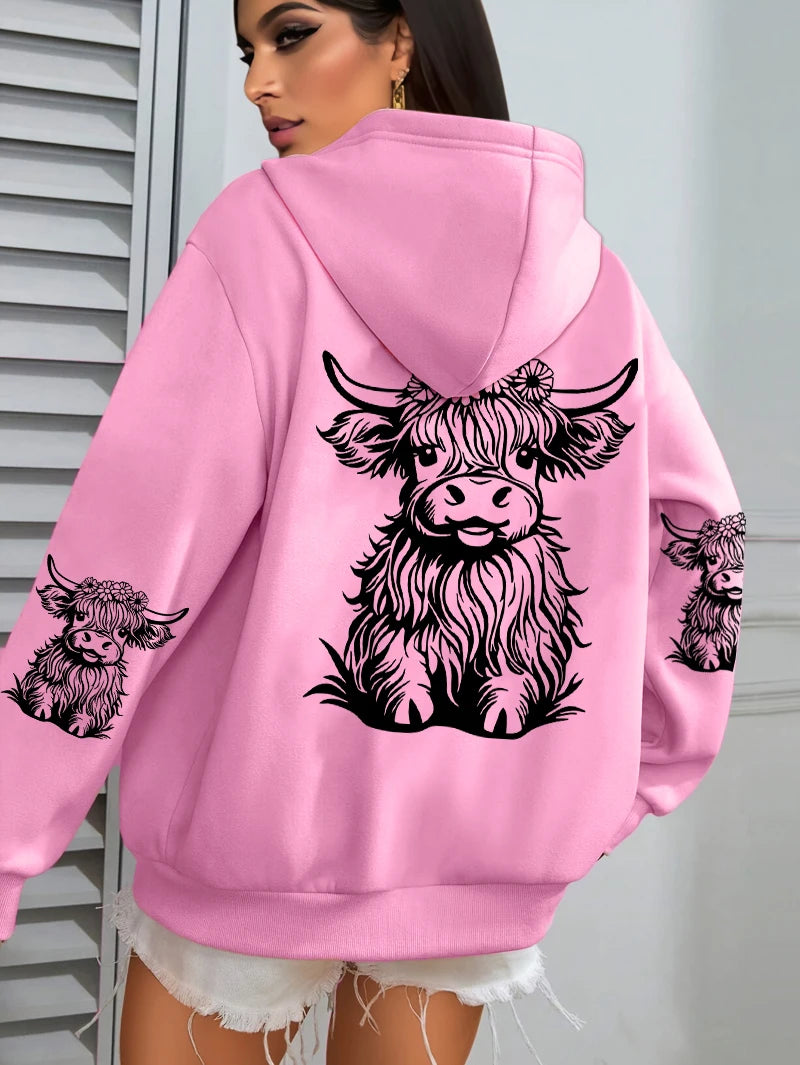 Cute Cartoon Cow Print Hoodie – Women's Winter Fleece Sweatshirt with Pocket
