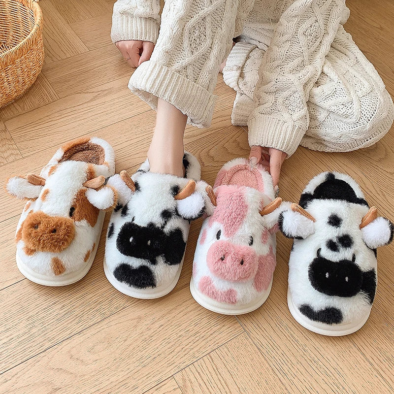 • Cute Cow Plush Slippers for Women – Fluffy Platform House Shoes & Winter Footwear