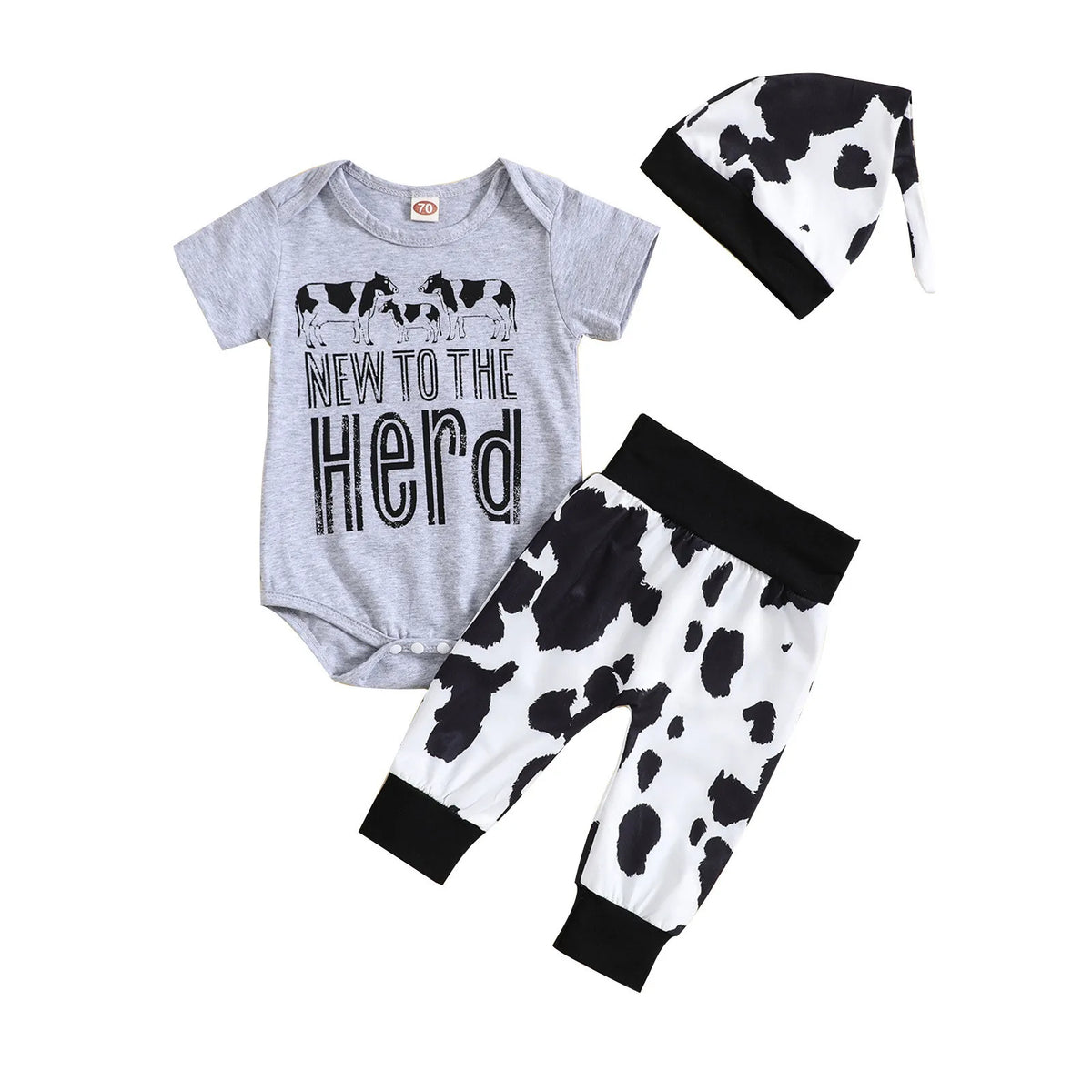 Unisex Baby Cow Print Romper, Pants & Hat 3-Piece Outfit (0-12M)