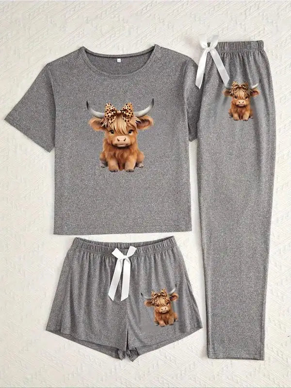 Cute Cartoon Highland Cow Pajama Set - Fitted Knit Sleepwear