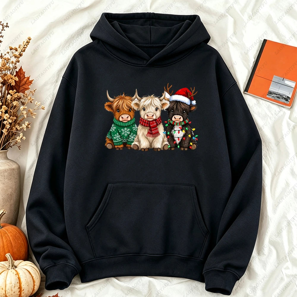 Cute Highland Cow Christmas Hoodie - Winter Holiday Pullover