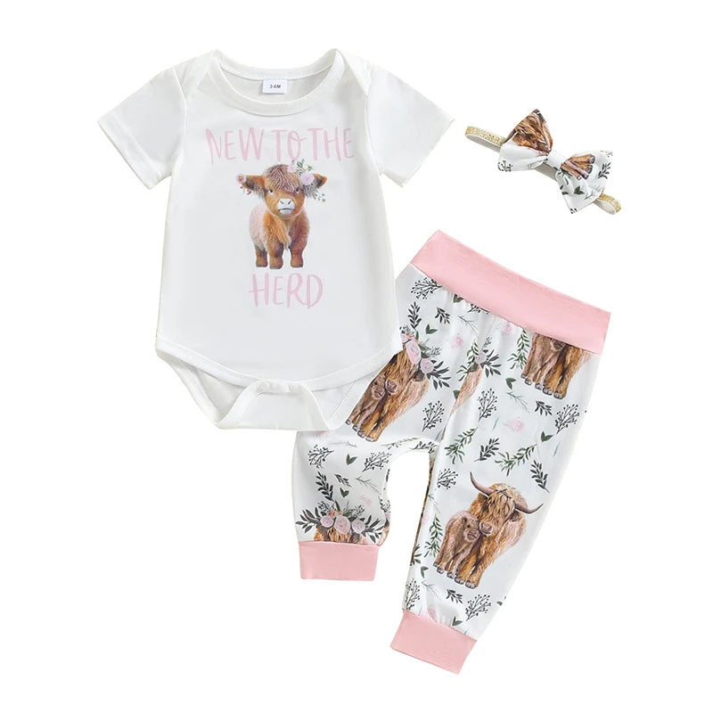 Baby Girl Citgeett Summer Romper & Elastic Pants Set with Bow Headband