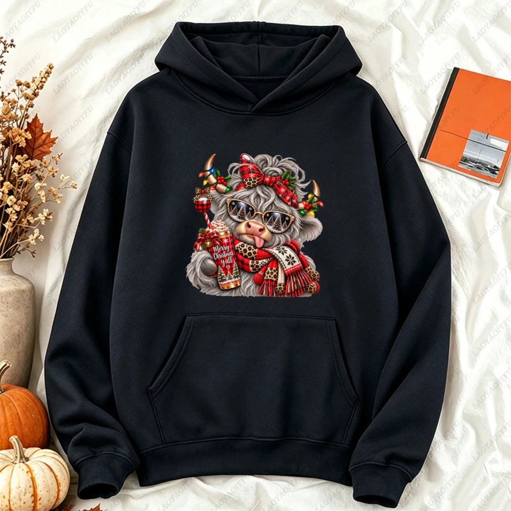 Cute Highland Cow Christmas Hoodie - Winter Holiday Pullover