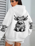 Cute Cartoon Cow Print Hoodie – Women's Winter Fleece Sweatshirt with Pocket
