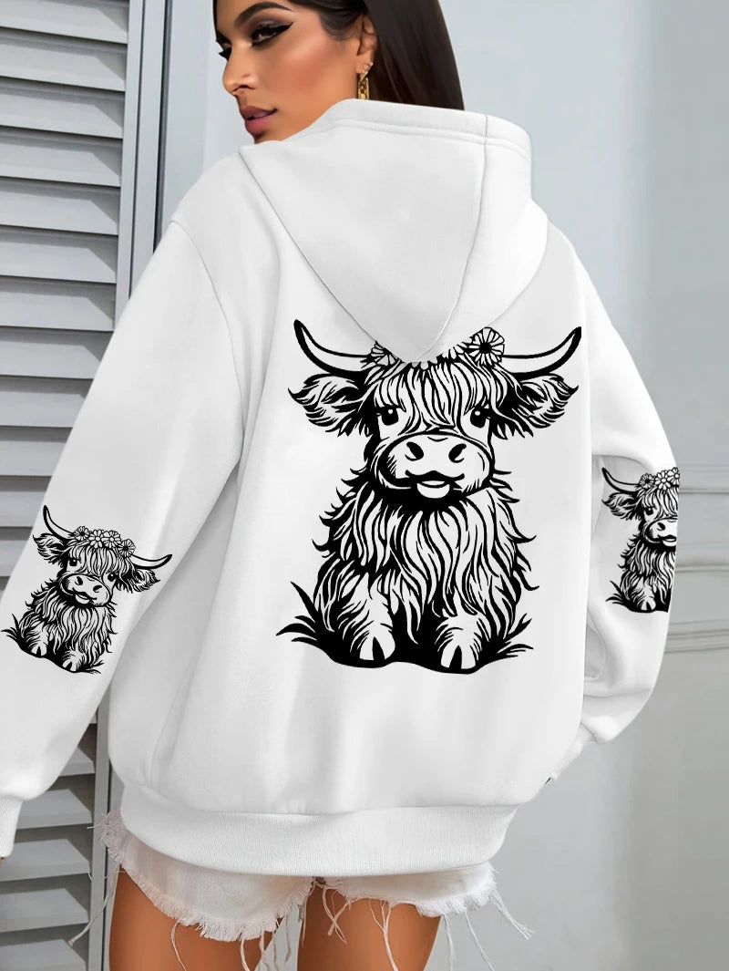 Cute Cartoon Cow Print Hoodie – Women's Winter Fleece Sweatshirt with Pocket