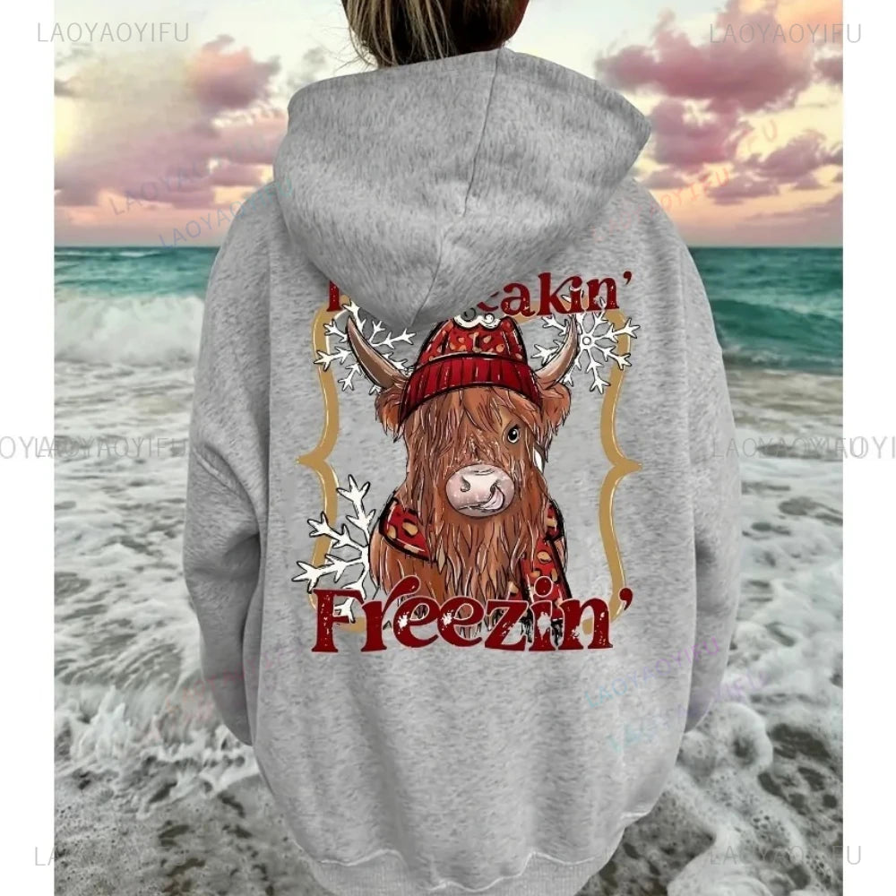 • : Highland Cow Print Hoodie for Women – Alphabet & Animal Pattern Sweatshirt with Pocket