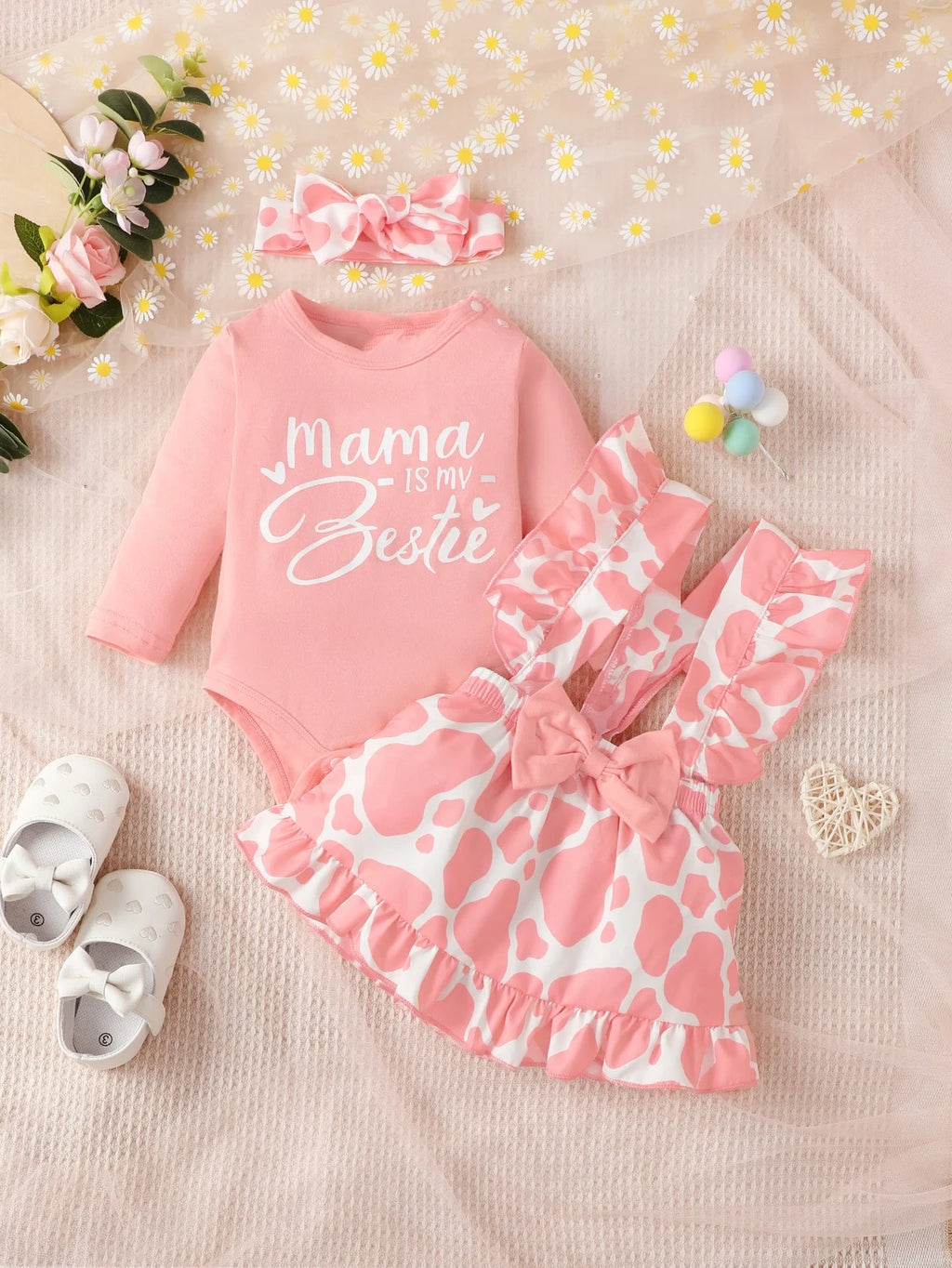 Baby Girl Cow Print Overall Dress Set - 3-Piece Outfit