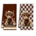 Highland Cow Brown Plaid Kitchen Towels (2-Piece Set)