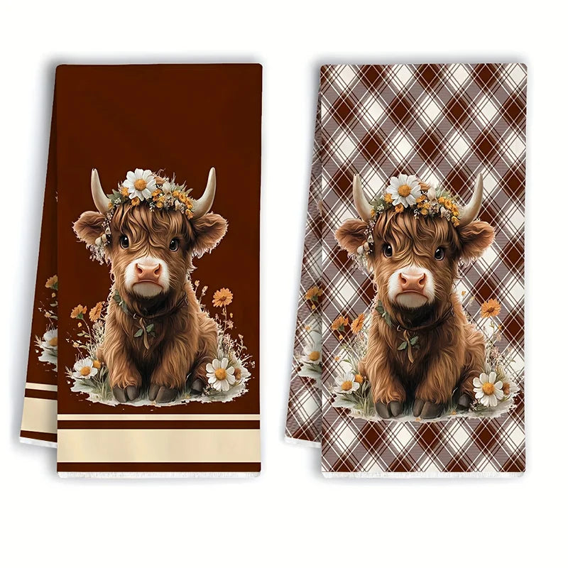 Highland Cow Brown Plaid Kitchen Towels (2-Piece Set)