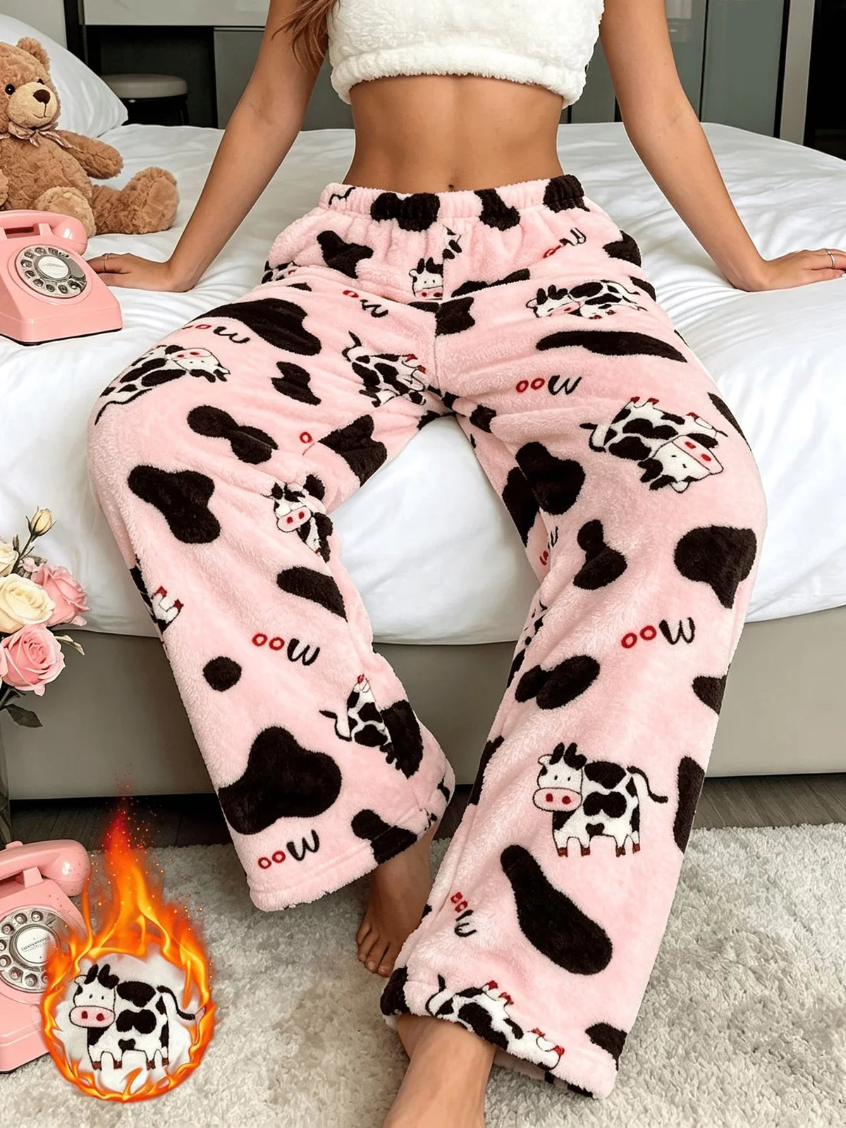 Cute Cow Print Fleece Sleep Pants - Cozy Plush Pajama Trousers
