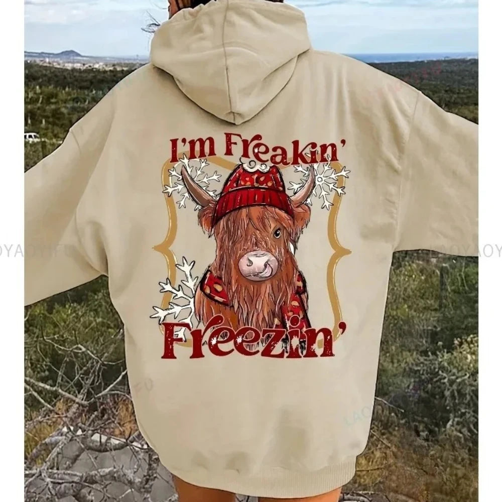 • : Highland Cow Print Hoodie for Women – Alphabet & Animal Pattern Sweatshirt with Pocket