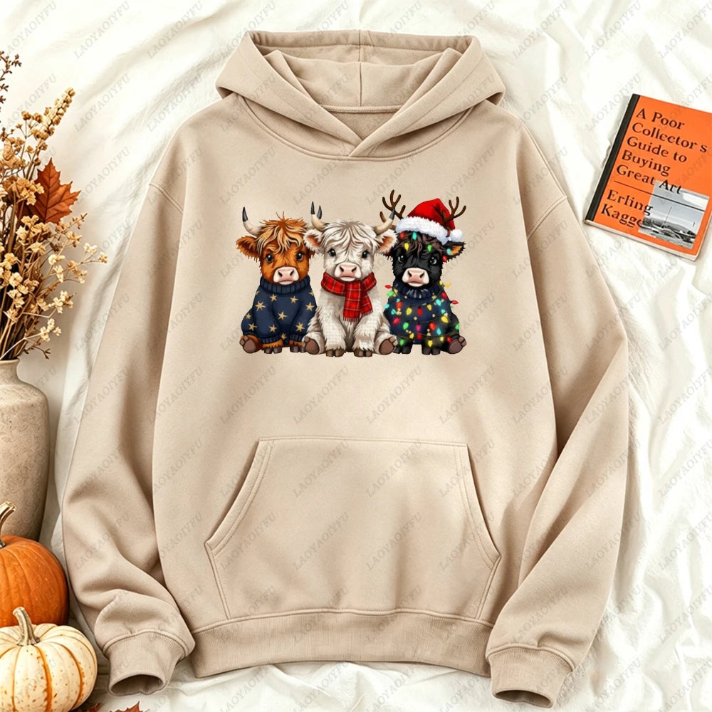 Cute Highland Cow Christmas Hoodie - Winter Holiday Pullover