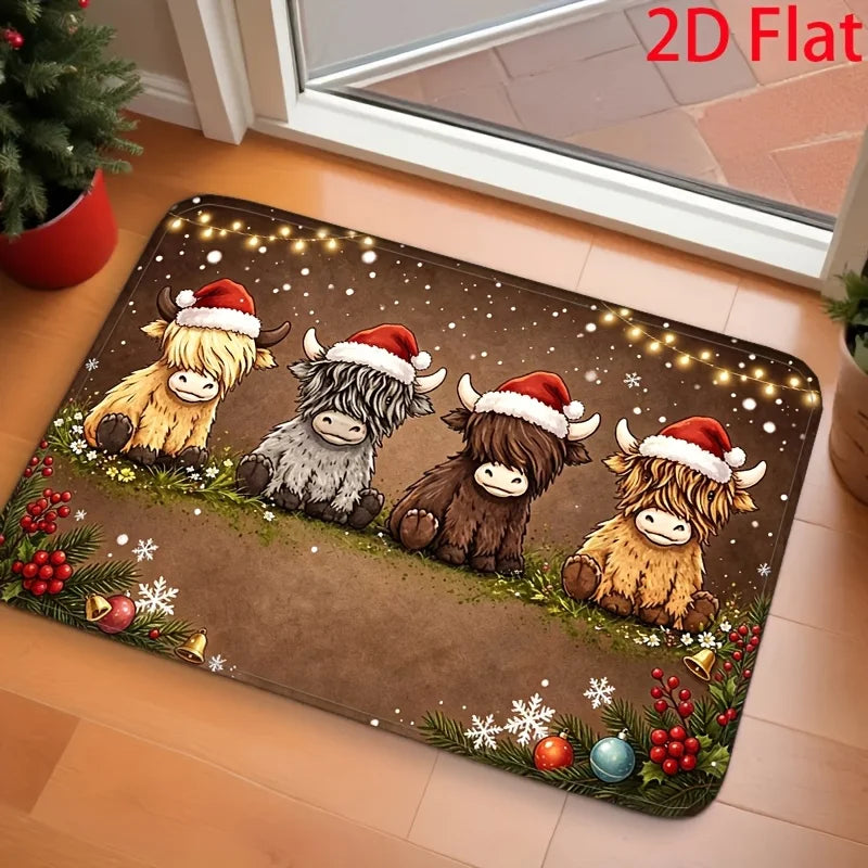 Christmas Highland Cow Doormat | Festive Non-Slip Holiday Entry Mat