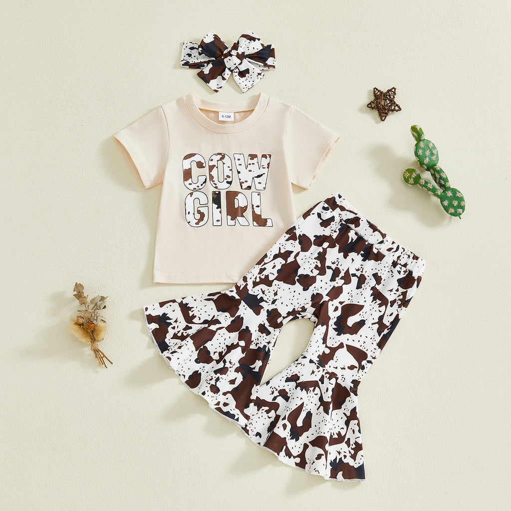 Baby Girl Cow Print Short Sleeve Top & Flare Pants Set with Headband