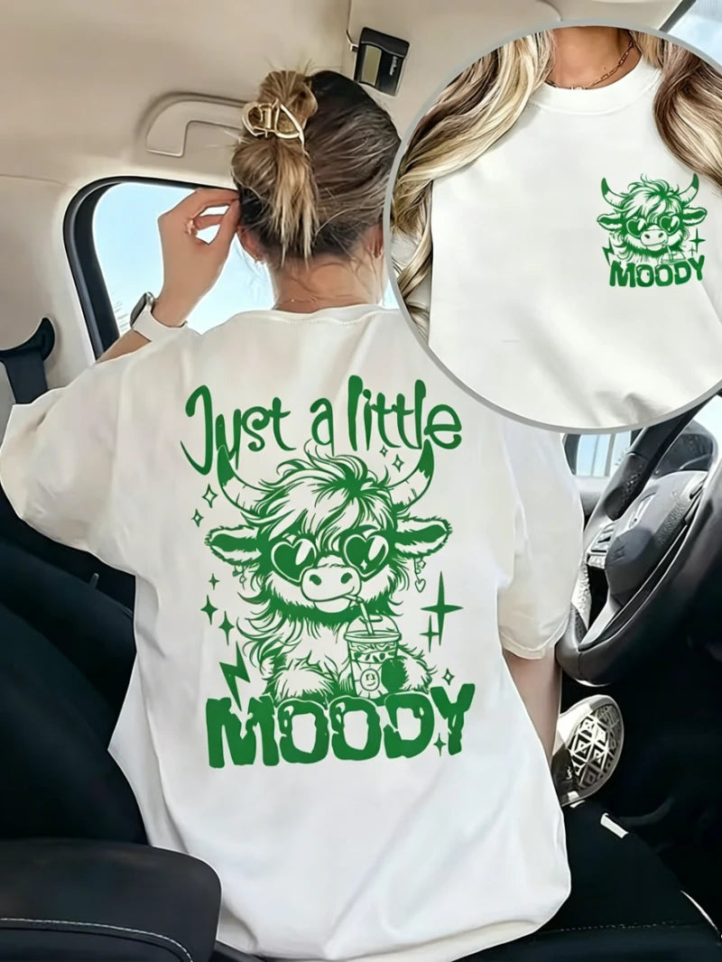 •  Highland Cow Print T-Shirt – Funny Double-Sided Sarcastic Graphic Tee for Women