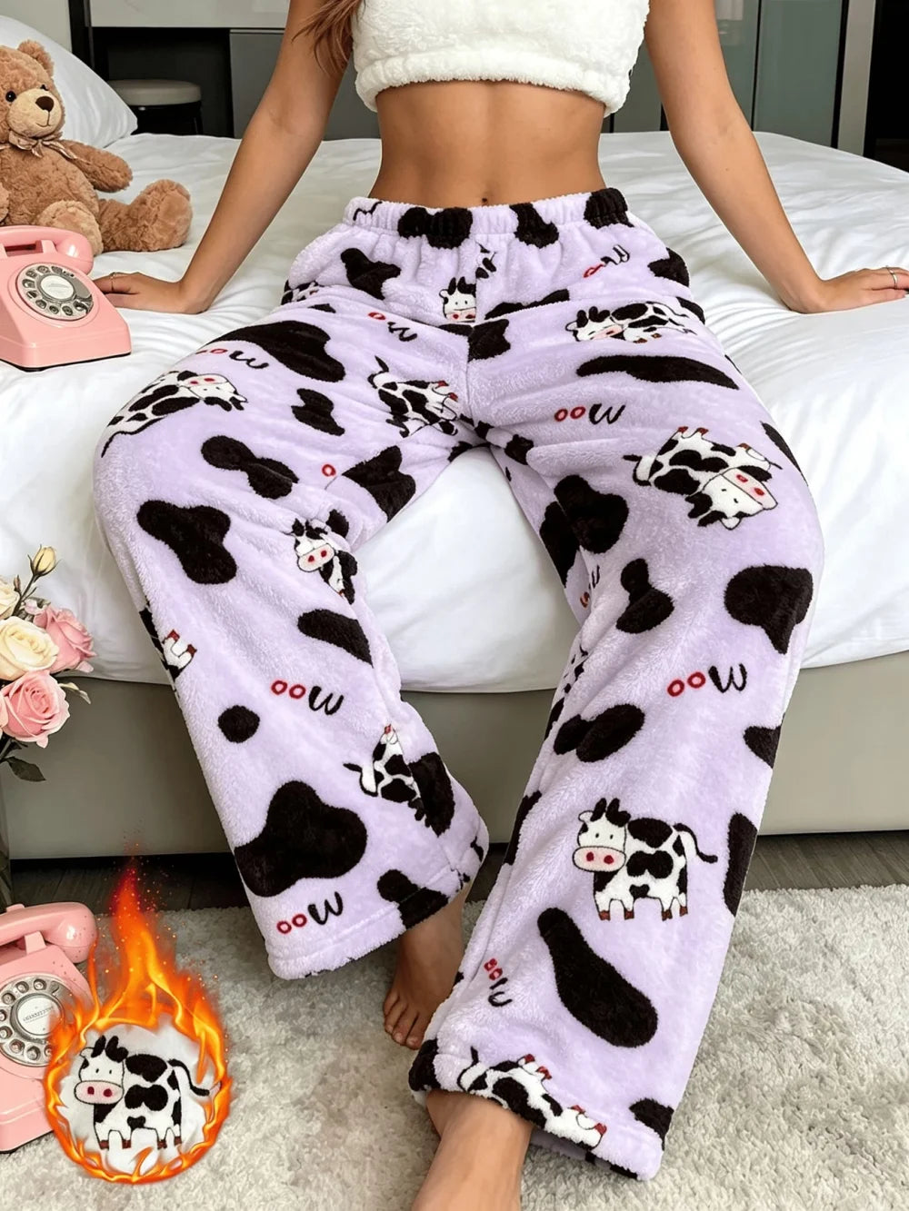 Cute Cow Print Fleece Sleep Pants - Cozy Plush Pajama Trousers